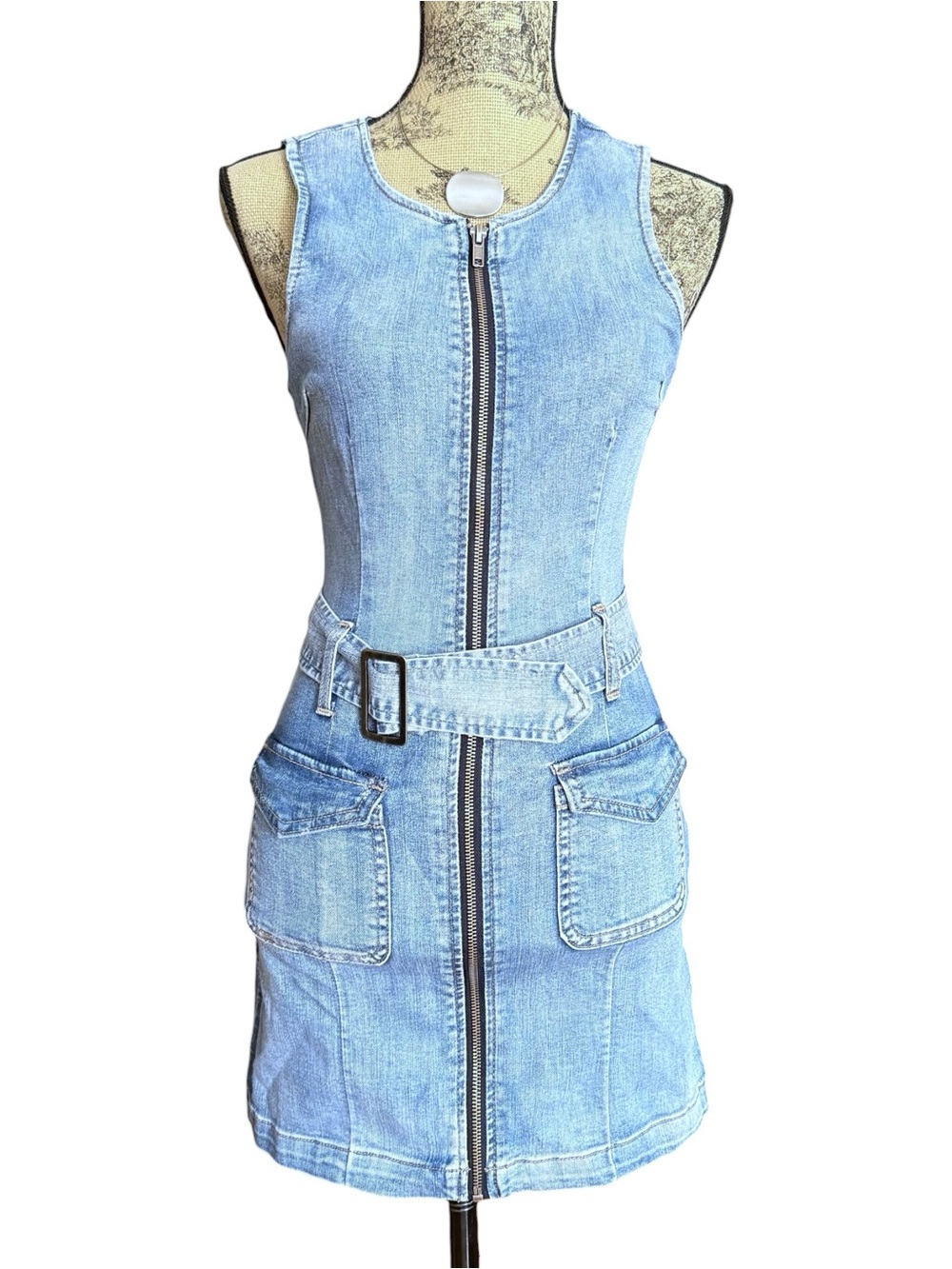 Rewash Denim Zip-Front Mini Dress with Belt Size XS